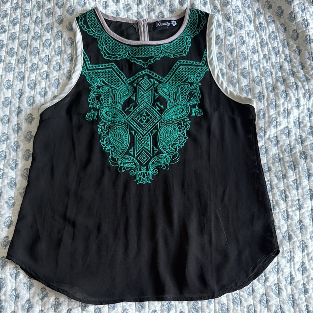 Black Sleeveless Top with Teal Embroidered Front
